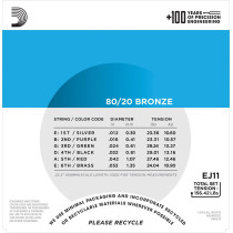 D'Addario - EJ11, Light 80/20 Cordes Acoustiques en Bronze  12-53