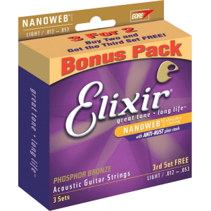 Elixir - 16538, Pack de 3 jeux de Guitare Acoustique, 80/20 Bronze Custom Light 11-52