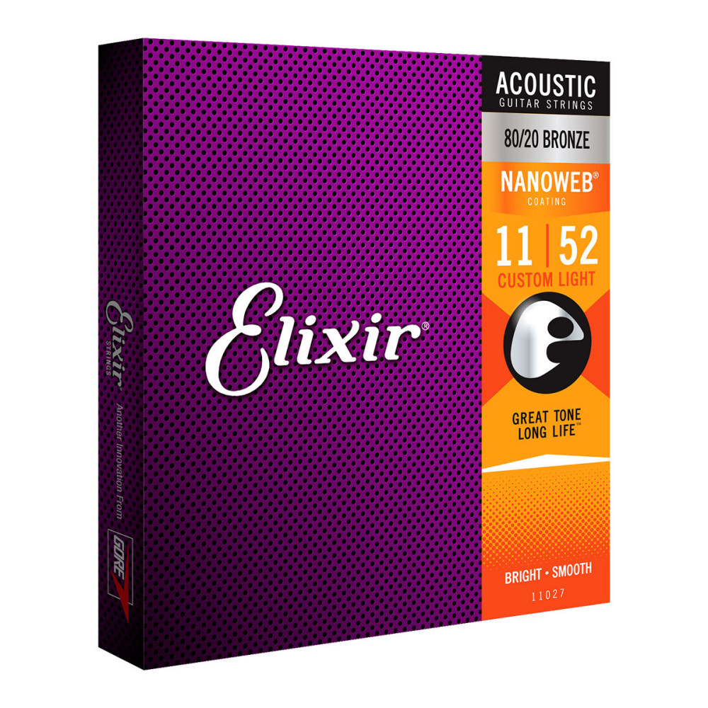 Elixir - 11027, Cordes guitare acoustique Custom Light avec revêtement Nanoweb, 11-52 Elixir - 11027, Cordes guitare acoustique Custom Light avec revêtement Nanoweb, 11-52