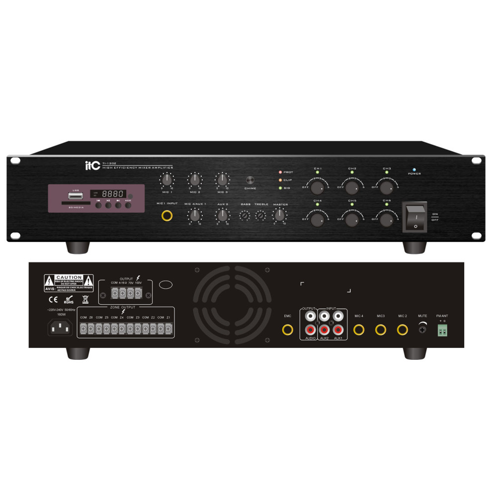 ITC - TI-500Z, Amplificateur de puissance numérique à six zones avec source audio, 500W ITC - TI-500Z, Amplificateur de puissance numérique à six zones avec source audio, 500W