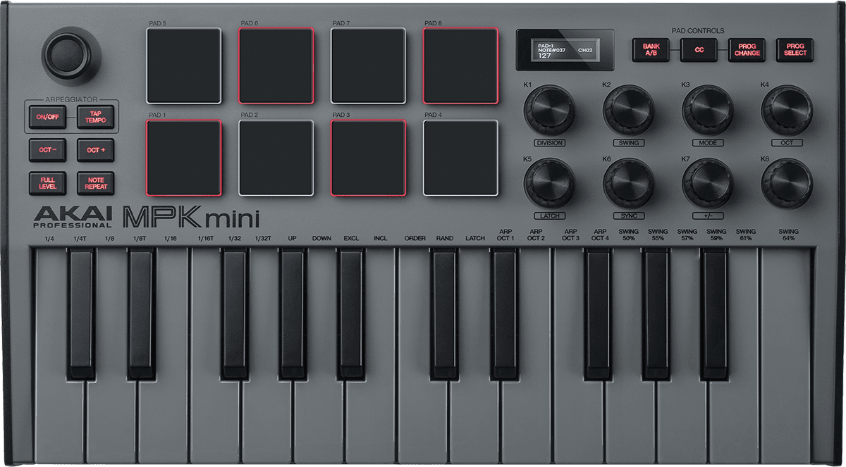 AKAI - MPK MINI MK3 GREY, MIDI Keyboard 25 Keys 8 pads, Grey